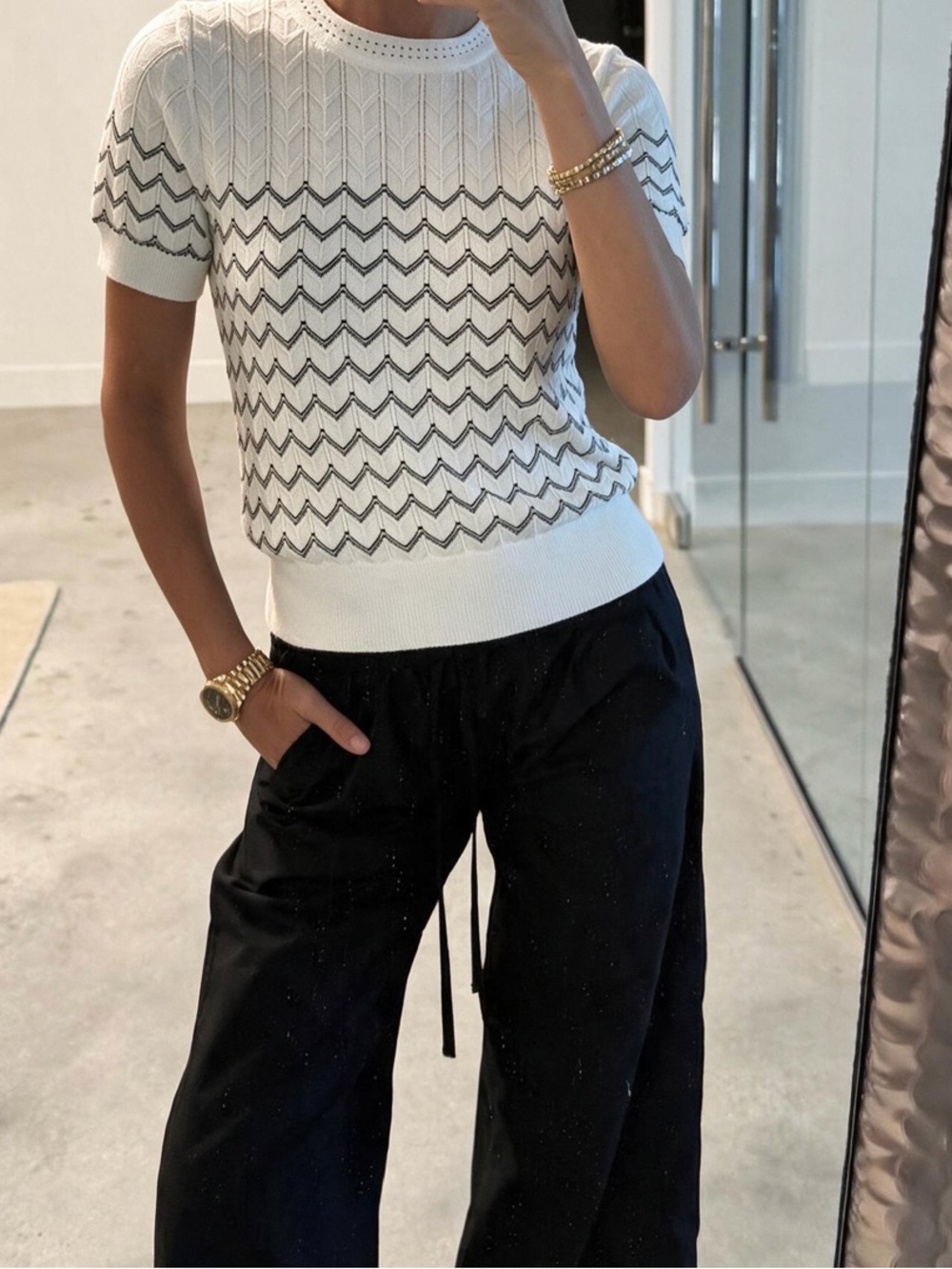 Adrianna Papell Chevron Pointelle Knit Short Sleeve Sweater